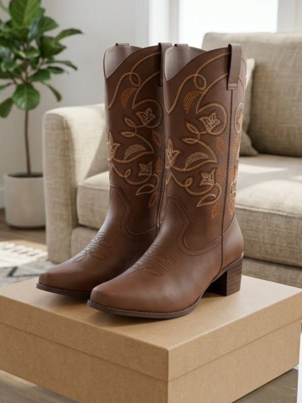Brown Pointy Toe Mid Calf Suede Western Cowgirl Boots